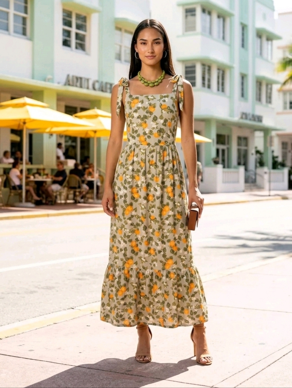 dip Orange Floral Maxi Dress Tie Tank Straps Cottagecore Garden Citrus Green